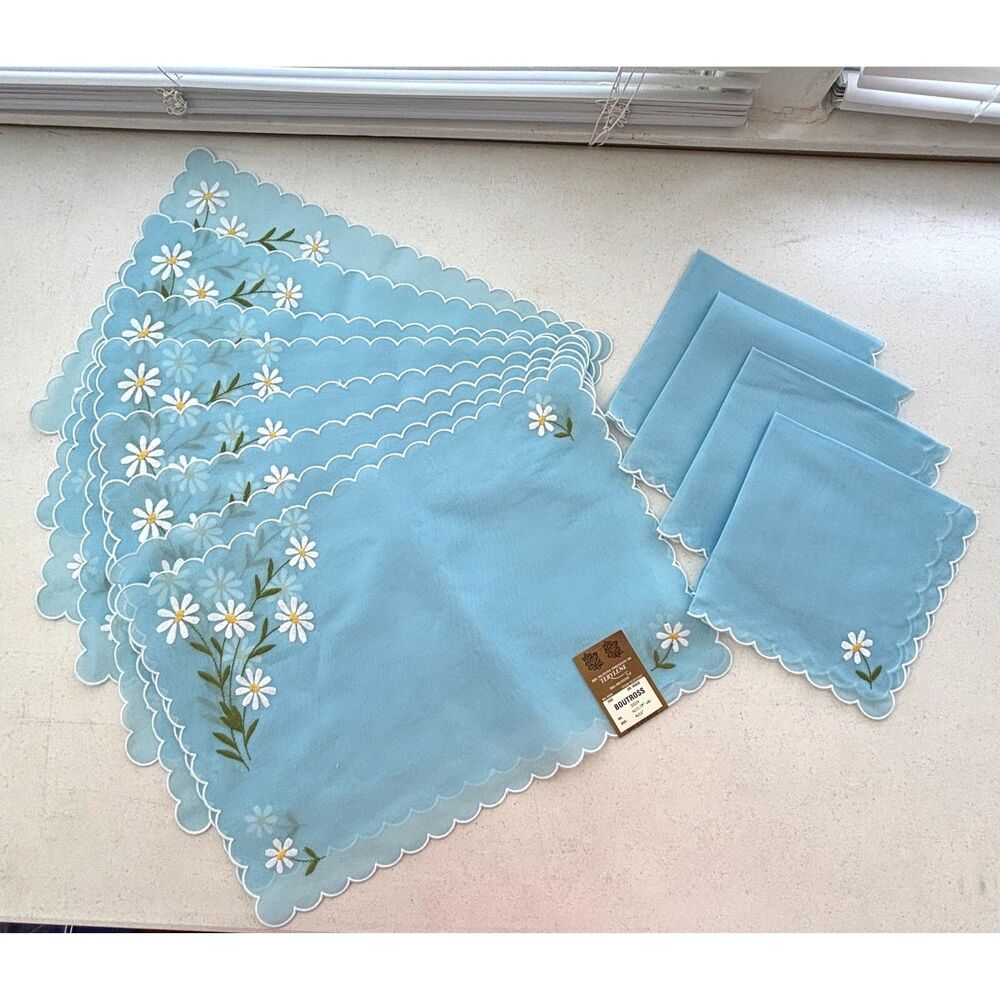 Embroidered Daisy Placemat Set Sheer Blue Set 8 Made in Switzerland Dining